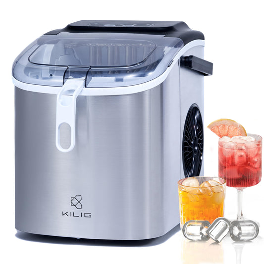 Kilig H01B Countertop Ice Maker Machine | 6 Mins 9 Bullet Ice Cubes| Portable Ice Maker Machine with Self-Cleaning | Ice Scoop, Basket, Ice Maker for Kilig Home/Kitchen/Office/Party - Black