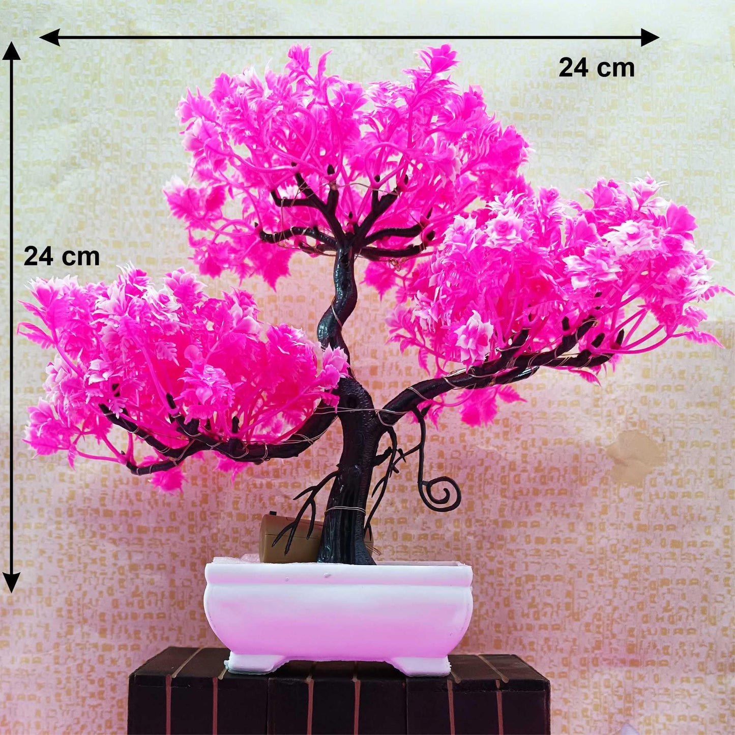 Small Potted Artificial Plant Bonsai Tree with LED Light (24cm) Plastic Fake Indoor Potted Houseplants Bedroom Living Room Décor, Home Office Tabletop Working Desk Décor (1PC, YG)
