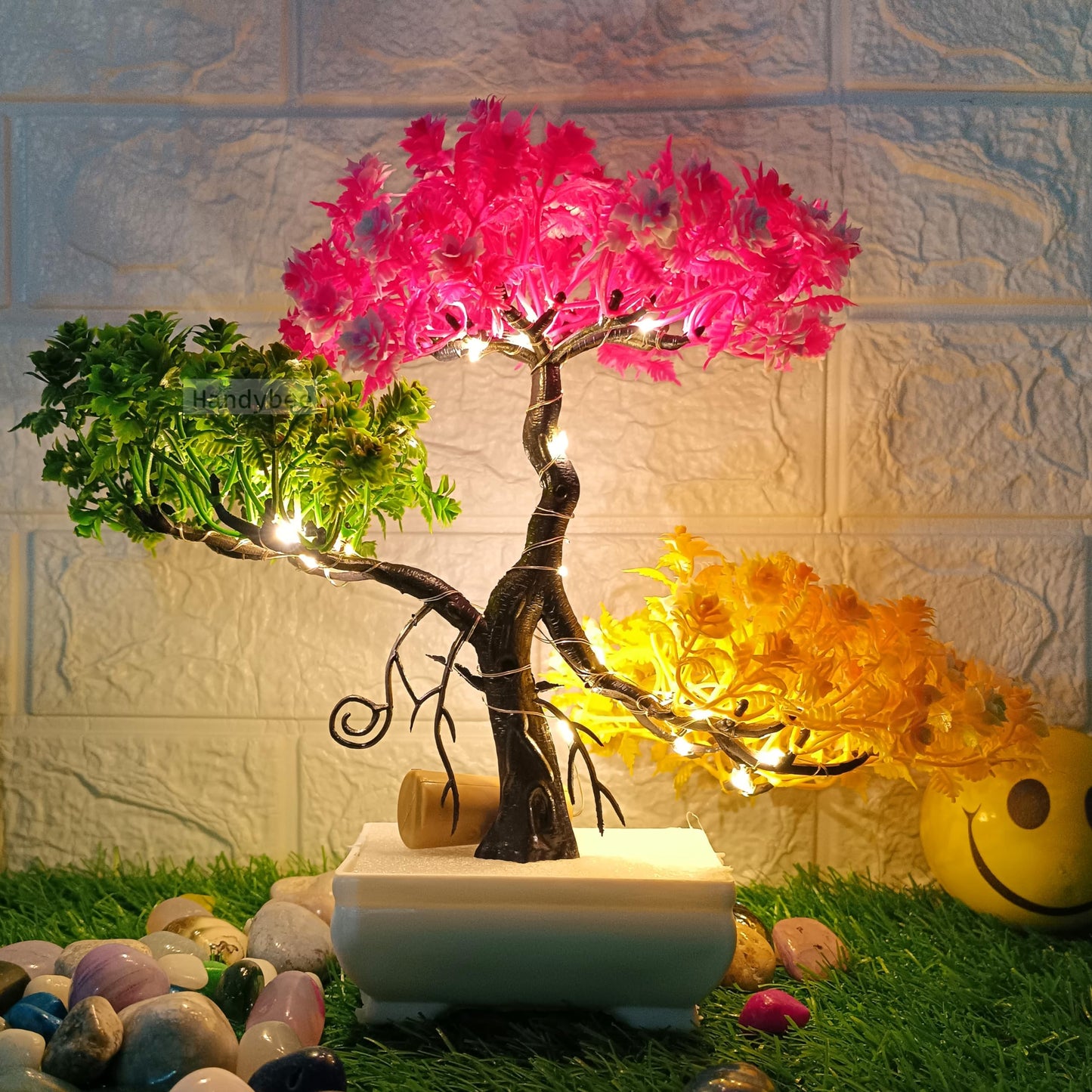 Small Potted Artificial Plant Bonsai Tree with LED Light (24cm) Plastic Fake Indoor Potted Houseplants Bedroom Living Room Décor, Home Office Tabletop Working Desk Décor (1PC, YG)