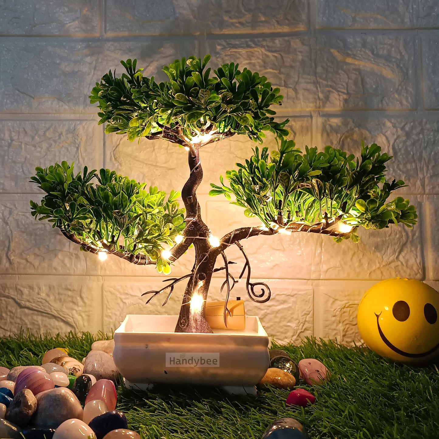 Small Potted Artificial Plant Bonsai Tree with LED Light (24cm) Plastic Fake Indoor Potted Houseplants Bedroom Living Room Décor, Home Office Tabletop Working Desk Décor (1PC, YG)