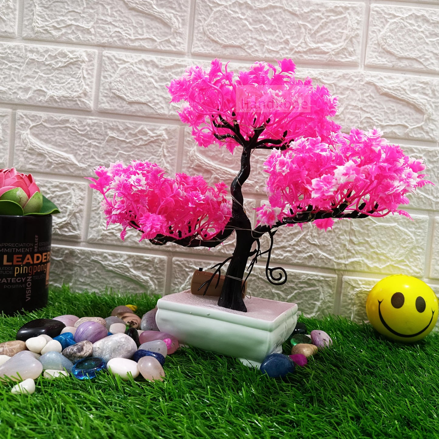 Small Potted Artificial Plant Bonsai Tree with LED Light (24cm) Plastic Fake Indoor Potted Houseplants Bedroom Living Room Décor, Home Office Tabletop Working Desk Décor (1PC, YG)