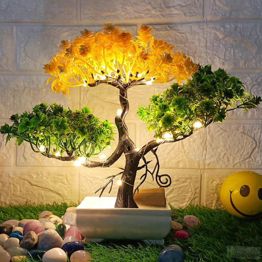 Small Potted Artificial Plant Bonsai Tree with LED Light (24cm) Plastic Fake Indoor Potted Houseplants Bedroom Living Room Décor, Home Office Tabletop Working Desk Décor (1PC, YG)