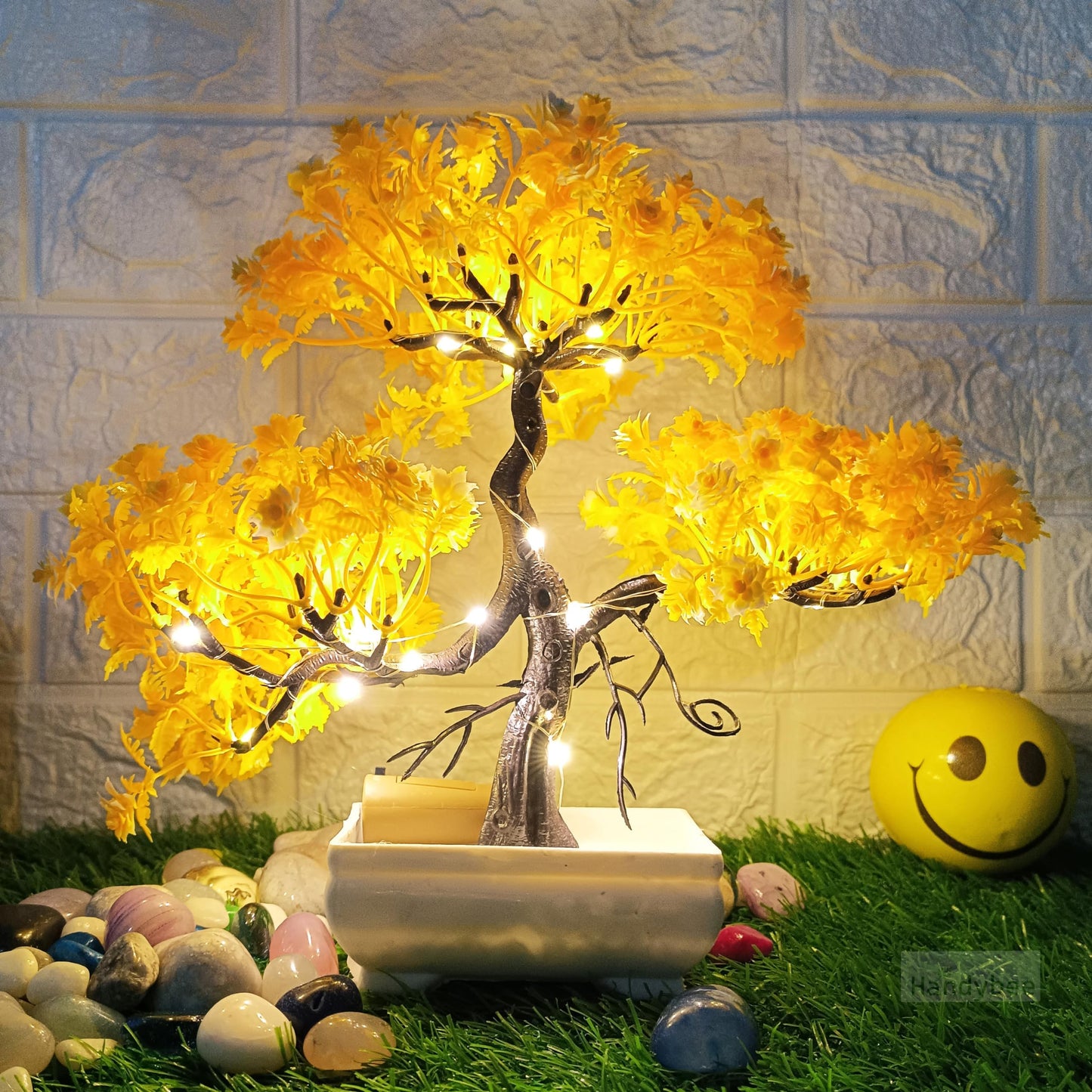 Small Potted Artificial Plant Bonsai Tree with LED Light (24cm) Plastic Fake Indoor Potted Houseplants Bedroom Living Room Décor, Home Office Tabletop Working Desk Décor (1PC, YG)