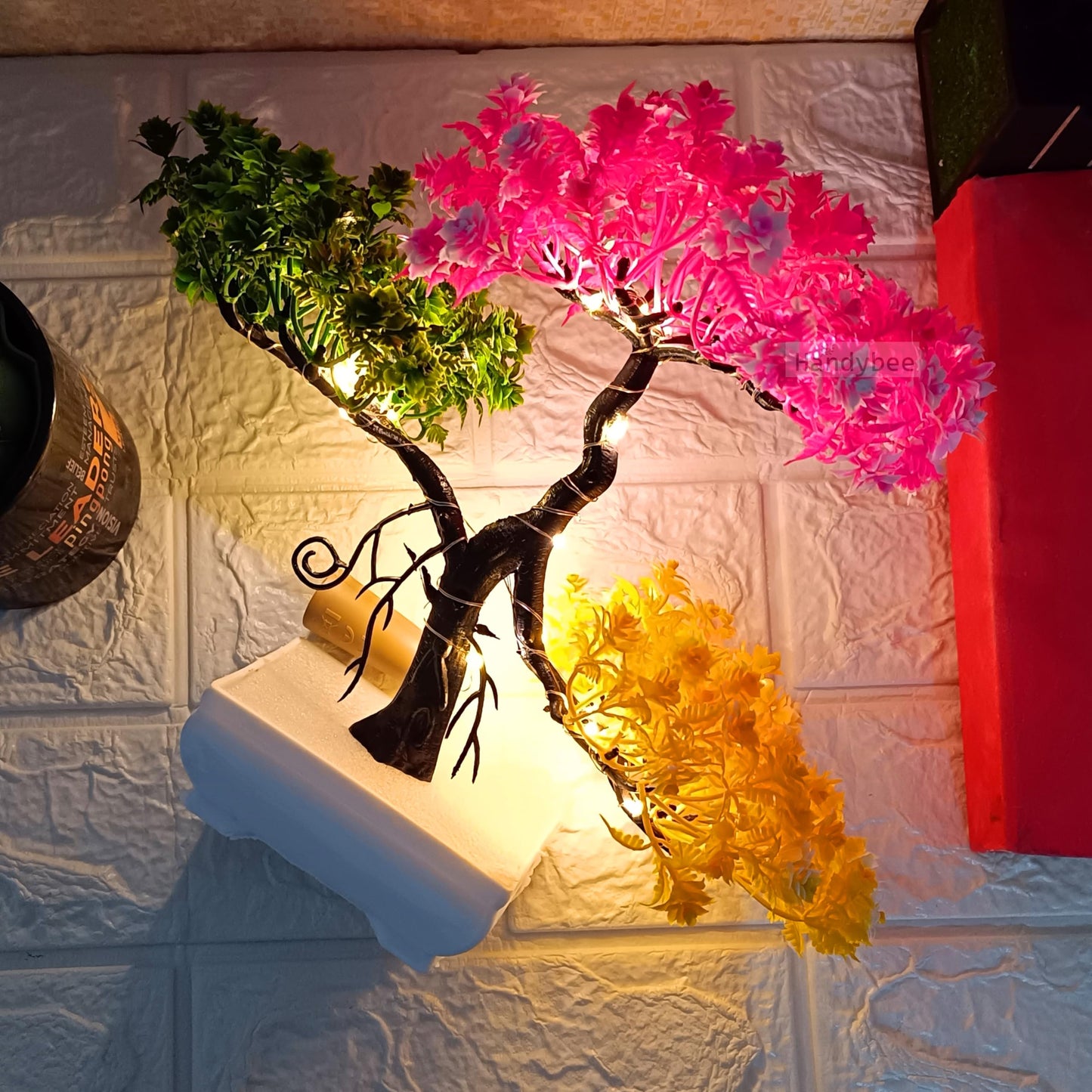 Small Potted Artificial Plant Bonsai Tree with LED Light (24cm) Plastic Fake Indoor Potted Houseplants Bedroom Living Room Décor, Home Office Tabletop Working Desk Décor (1PC, YG)