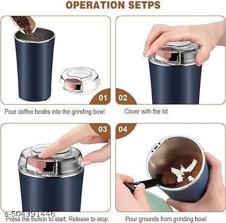 Coffee Grinder Electric, Spice Grinder, Coffee Bean Herb Grinder with Integrated Brush Spoon, One-Touch Push-Button Stainless Steel Grinding for Herb Peanut Grains Beans(Blue)
